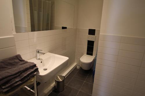 a bathroom with a sink and a toilet at Fackenburgerapartments in Lübeck