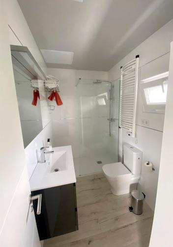 a white bathroom with a sink and a toilet at La Fragua in Santillana del Mar