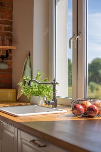 a kitchen counter with a sink and a window at Siedlisko Szymonka in Ryn