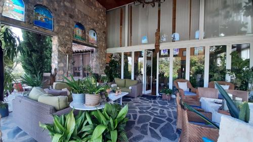 a lobby with couches and plants and windows at Casa Solis Monteprincipe in Boadilla del Monte