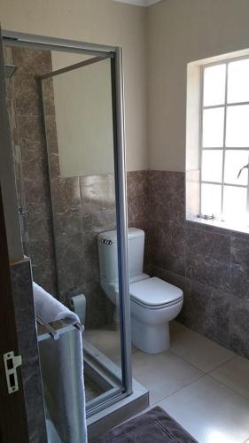 a bathroom with a toilet and a glass shower at Green Willows Guest House in Skeerpoort