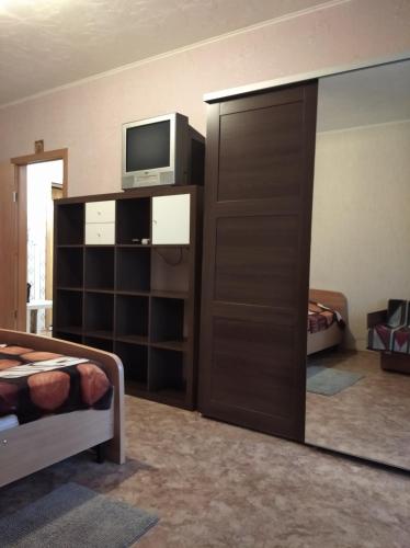 ベルツクにあるАпартаменты "Всё рядом" на К. Маркса 22のリビングルーム(テレビ、鏡付)