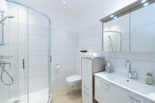 a bathroom with a shower and a toilet and a sink at Villa Bella Vista - Apartment Blue in Pörtschach am Wörthersee