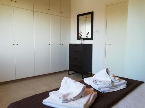 a bathroom with white cabinets and towels on a rug at Stylineo Platres in Platres