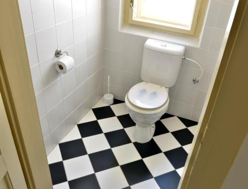 a bathroom with a toilet and a black and white checkered floor at Apartmány Vila Mánička in Kácov