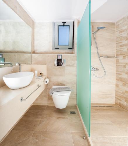 a bathroom with a toilet and a sink and a shower at Elite Cottages in Káto Lekhónia