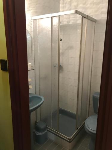 Kőrös Hotel في كيسكوروس: حمام مع دش مع مرحاض ومغسلة