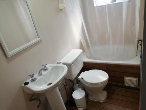 a white bathroom with a toilet and a sink at Cabañas Arlenne in Valdivia