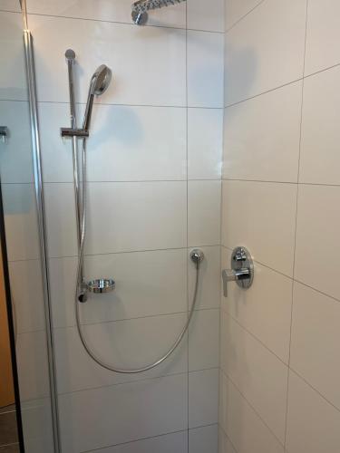 a shower with a glass door and a shower head at Landhaus Viktoria in Imst