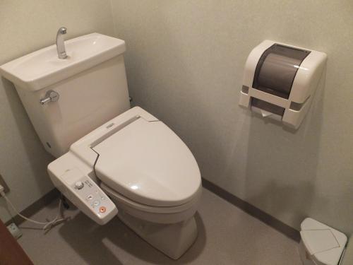 妙高市にある赤倉ワクイホテルのバスルーム(白いトイレ、ビデオゲームコントローラー付)