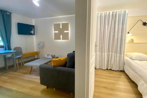 un salon avec un canapé et un lit dans l'établissement Beautiful appartment in the Vieille Ville d'Annecy at 200m from the lake, à Annecy