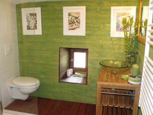 a green bathroom with a toilet and a window at La Flambée in Blond