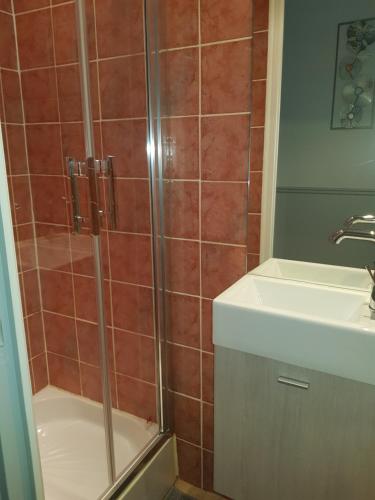 een badkamer met een douche en een wastafel bij L'évasion in Honfleur