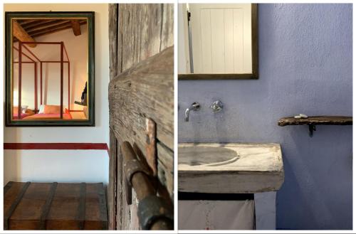 two pictures of a bathroom with a sink and a mirror at The Lazy Olive Villa - Podere Finerri in Asciano