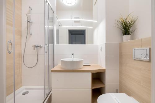 La salle de bains est pourvue d'un lavabo et d'une douche. dans l'établissement Yellow Sunset Studio, à Varsovie