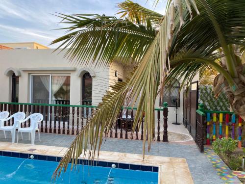 a palm tree in front of a house with a pool at B-LBAIT Yanbu Villa Garden in Madīnat Yanbu‘ aş Şinā‘īyah
