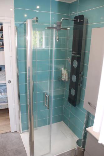 une douche avec une porte vitrée dans une salle de bain dans l'établissement Petit studio CYPRÈS du BOIS, à Noirmoutier-en-l'lle