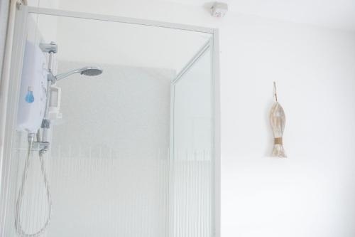 ducha con puerta de cristal junto a la ducha en Waterloo Lodge en Norwich