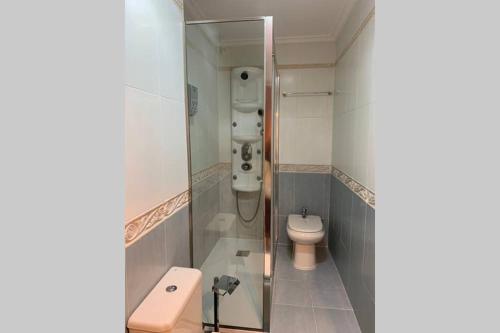 ein Bad mit einem WC und einer Glasdusche in der Unterkunft MORGAN in Avila