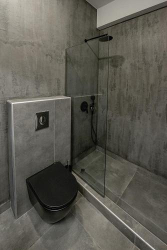 a bathroom with a toilet and a glass shower at SunBlue Boutique Villas in Skala Rachoniou