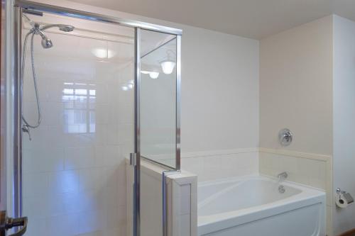 a bathroom with a shower and a bath tub with a glass door at The Village Lodge in Mammoth Lakes