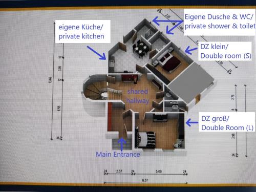 ein Diagramm eines Grundrisses eines Hauses in der Unterkunft VILLA HanseART Lübeck - Privatzimmer in zentraler Lage in Lübeck