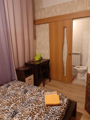 ノヴォシビルスクにあるHostel Domのベッドルーム1室(ベッド1台付)、バスルーム(トイレ付)