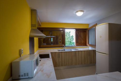 a kitchen with a white refrigerator and a microwave at Casa do Caminheiro in Lousã