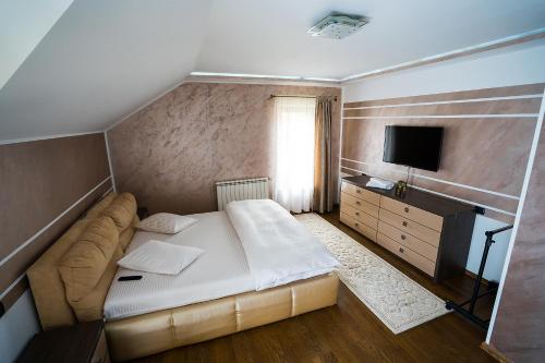 1 dormitorio con cama, sofá y TV en Perla Nordului en Moisei