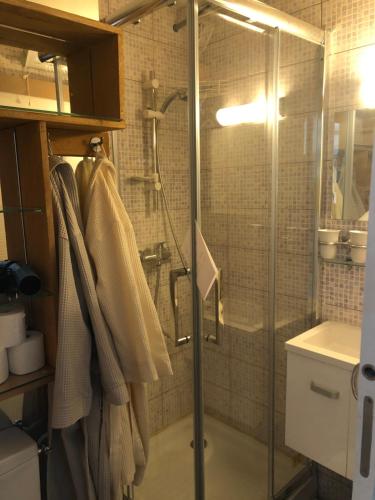 a shower in a bathroom with a glass shower stall at Résidence Port Soleil B453 in Cap d'Agde