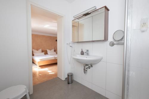 a bathroom with a sink and a mirror and a bedroom at Märchenwald Altenberg B&B Hotel in Odenthal