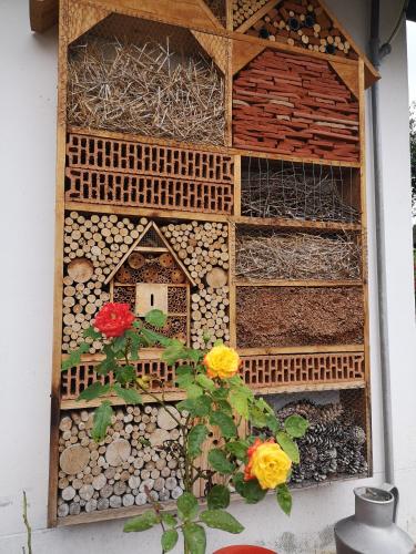 a bird cage with a house and flowers in it at Oázis Üdülő Tiszafüred in Tiszafüred
