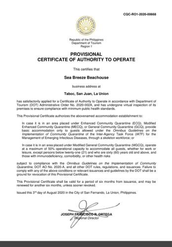 a rejection letter from theromyowment certificate of authority to operate at Seabreeze Beachfront Home and Cottages new management in San Juan