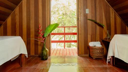 a room with a window and a vase with a plant at Pousada Salve Floresta in Tapiraí