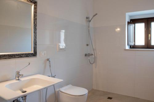a bathroom with a sink and a toilet and a mirror at Residenza Cappelli - Case Vacanze in San Demetrio neʼ Vestini