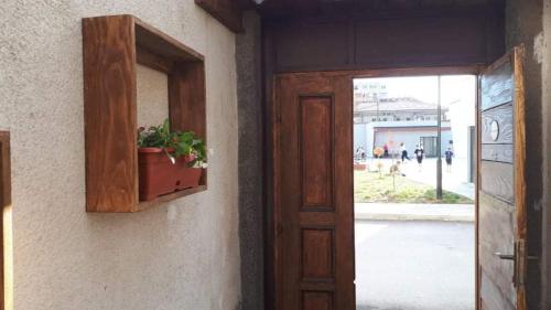 a door with a plant in a pot on a wall at Apartment New Days in Sarajevo