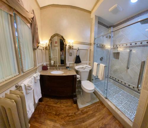 a bathroom with a shower and a toilet and a sink at Gramercy Mansion in Stevenson