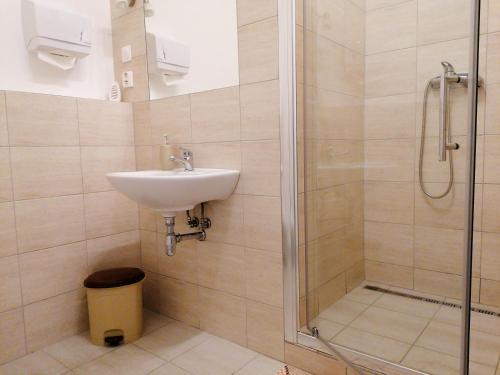 a bathroom with a sink and a shower at Hostel Vodna 1 in Košice