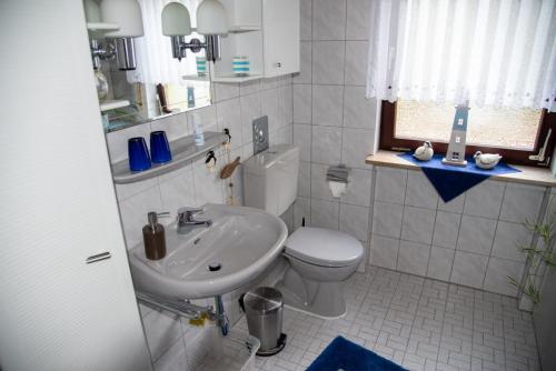 a bathroom with a white toilet and a sink at FERIENWOHNUNG SILBERG in Dörrenbach