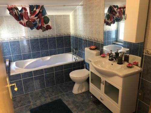 a bathroom with a tub and a toilet and a sink at Apartmani Hržan-Keglević in Mandre