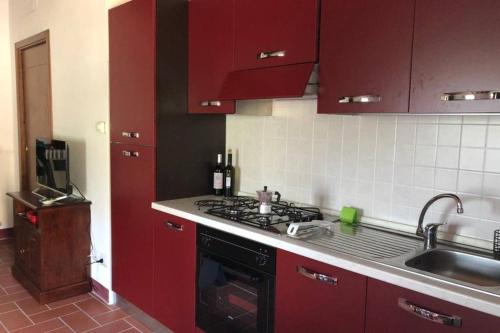 a kitchen with red cabinets and a sink and a stove at Casetta Tre Poderi appartamento Papaveri in Monte Cucco