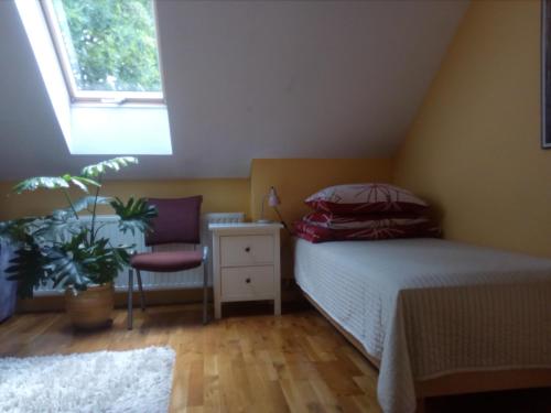 1 dormitorio con 1 cama, 1 silla y 1 ventana en Noclegi Po Rosie en Busko-Zdrój