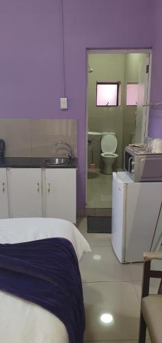 - une chambre avec un lit, un lavabo et des toilettes dans l'établissement Helpful lodge, au Cap