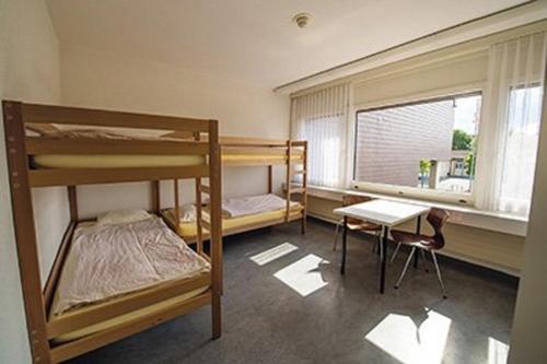 a room with two bunk beds and a desk and a window at Jugendherberge Romanshorn in Romanshorn