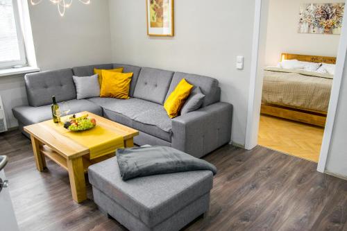 a living room with a couch and a table at Apartment in downtown in Olomouc