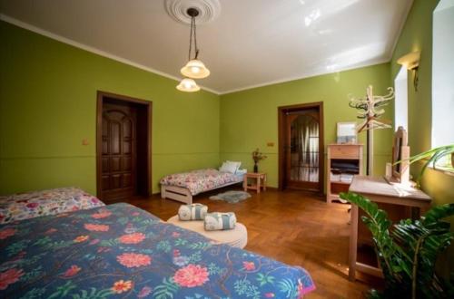 een groene kamer met 2 bedden en een bureau bij Apartmán Moonrise U Mluvících kamenů in Staré Křečany