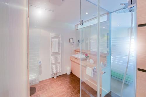 ein Bad mit einer Glasdusche und einem Waschbecken in der Unterkunft aktiv Sporthotel Sächsische Schweiz in Pirna