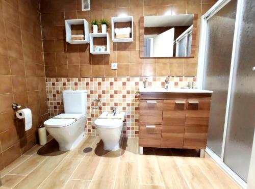 uma casa de banho com um WC, um lavatório e um espelho. em Apartamento DACTONIUM - Ribeira Sacra em Monforte de Lemos
