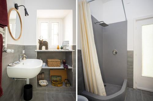 two pictures of a bathroom with a sink and a shower at Case Barbera Vetriera in Palermo