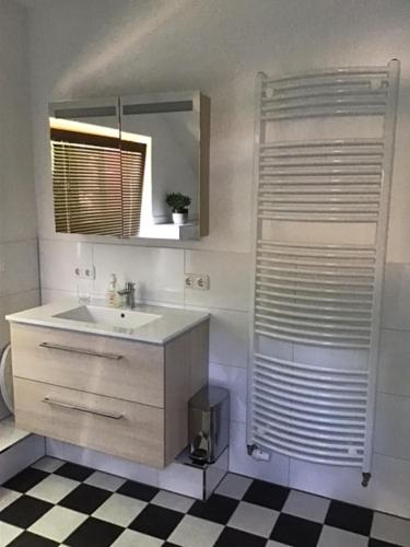 a bathroom with a sink and a shower at Apartment am Park -Calluna in Schneverdingen